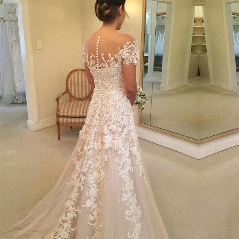 Gorgeous Tulle Wedding Dress Lace Applique A-line Bridal Dress Short Sleeve OKW27