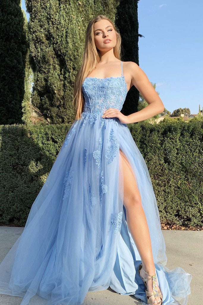 A-line Tulle Spaghetti Straps Apppliques Split Gorgeous Light Blue Prom Dress OKW37