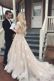 Elegant Lace Appliques A-line V-neck Long Sleeves Wedding Dress with Train OKY68