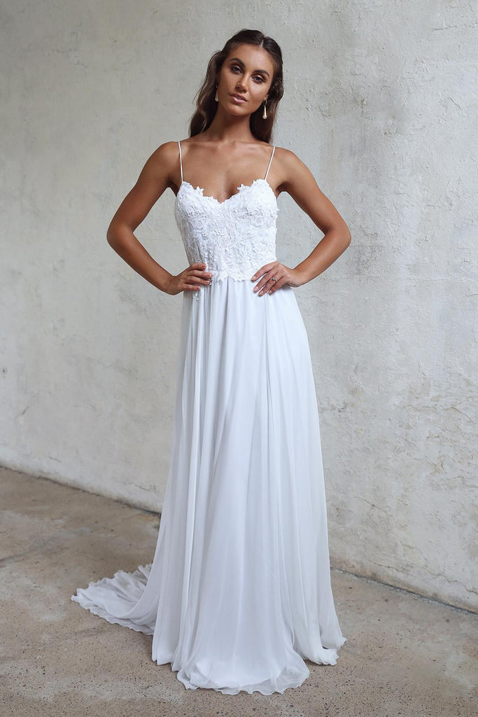 Beautiful A Line Lace Long White Spaghetti Straps Beach/Coast Wedding Dresses OK270