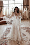Glittering Star A-line Wedding Dress Deep V-neck Bride Dress Beach Boho Wedding Gown OKV61