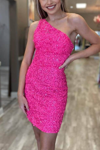 One Shoulder Hot Pink Sequins Tight Party Dresses Short Graduation Dresses OK1457