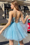 Blue A-line Beaded Spaghetti Straps Short Homecoming Dress Sweet 16 Dress OK1473