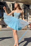 Blue A-line Beaded Spaghetti Straps Short Homecoming Dress Sweet 16 Dress OK1473