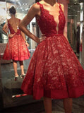 Deep V-neck Red Lace Knee Length Homecoming Dress Backless Short Prom Dress OK350