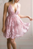A Line Lace Appliqued V-neck Short Homecoming Dresses OKO68