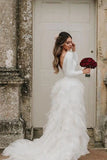 Sweety Tulle Long Sleeve Wedding Dress Court Train A-line Bridal Dress Cascading Ruffles Wedding Gowns OKW17