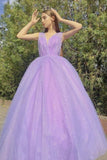 A-line V-neck Light Purple Prom Dress Gliter Lilac Formal Evening Dress OK1782