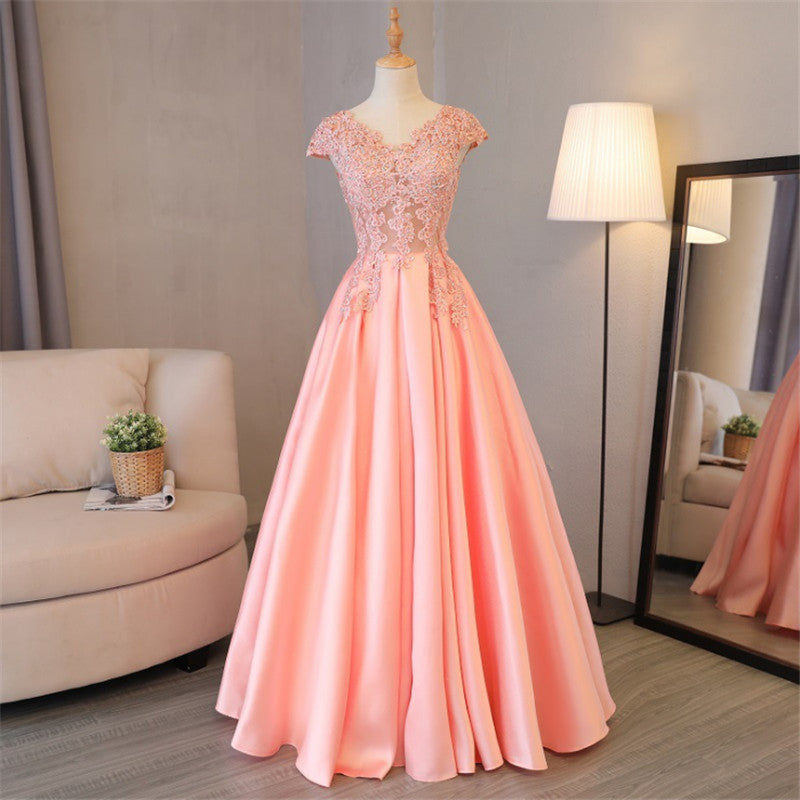 Blush Pink A Line Cap Sleeves Appliques Beaded Long Prom Dress OKJ85