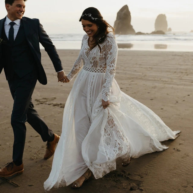 Beach Wedding Dress Long Sleeves V Neck Lace Chiffon A-line Bridal Gowns OKY94