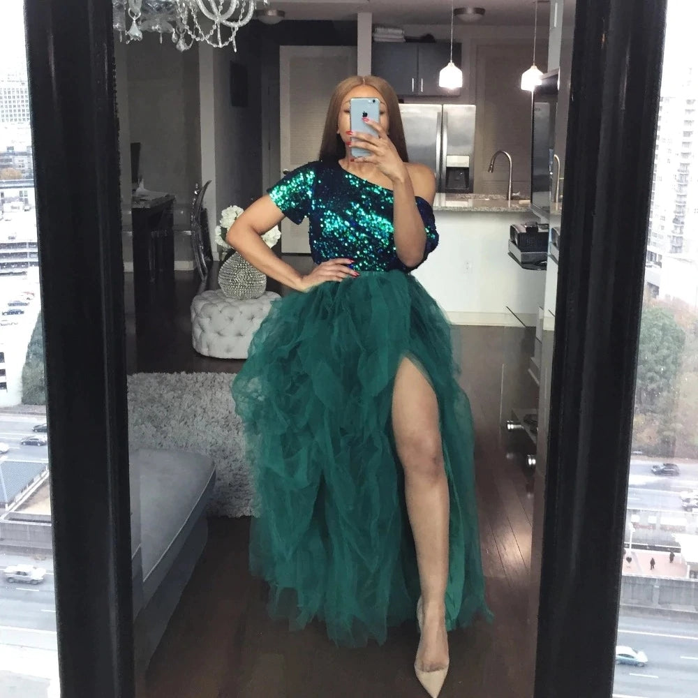 High Slit Tulle Puffy A-line Prom Dress Forest Green Long Ruffles Party Gown OKW47