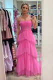 Fashion Hot Pink A Line Tulle Long Prom Dress Layered Ruffles Evening Gown OK1255