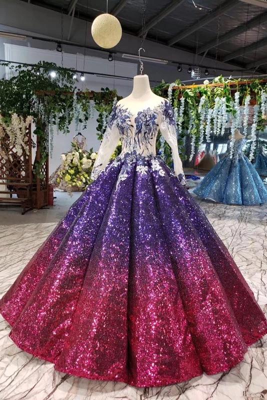 Ball Gown Long Sleeves Sequins Ombre Prom Dresses, Pretty Quinceanera Dress OKQ45