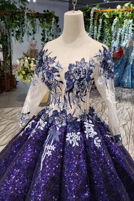 Ball Gown Long Sleeves Sequins Ombre Prom Dresses, Pretty Quinceanera Dress OKQ45