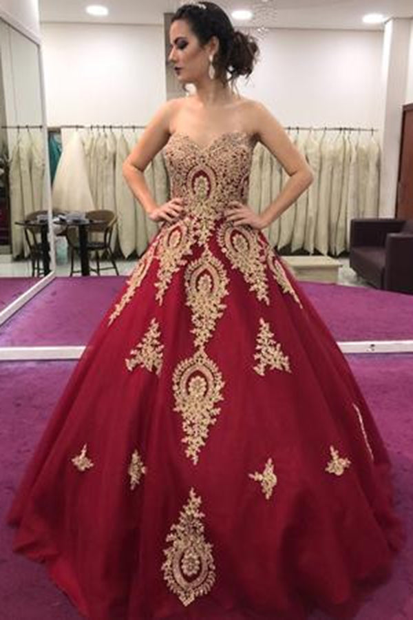 Gold Lace Appliques Sweetheart Ball Gown Prom Dresses Sweet 16 Dress Quinceanera Dresses OKI59