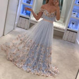 Light Blue Tulle Off The Shoulder Evening Gowns A Line Lace Appliques Prom Dresses OK632