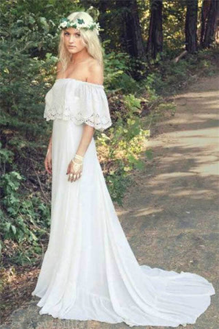 Ivory Chiffon A-line Off-the-Shoulder Bohemian Lace Beach Wedding Dresses OK1814
