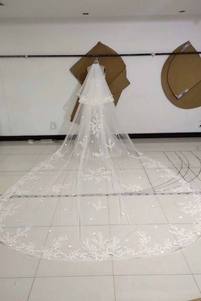 Two Tiers Ivory Lace Appliqued Tulle Wedding Veils, Bridal Veil WV21