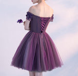 Cute A line Purple Homecoming Dress,Off-shoulder Short Sexy Appliqued Prom Dress OK379