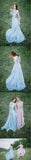 Long Light Blue Chiffon Scoop A-line Floor-length Appliques Prom Dresses OK736