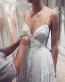 A-line Tulle Spaghetti Straps Boho Long Wedding Dress With Lace Appliques OKU78