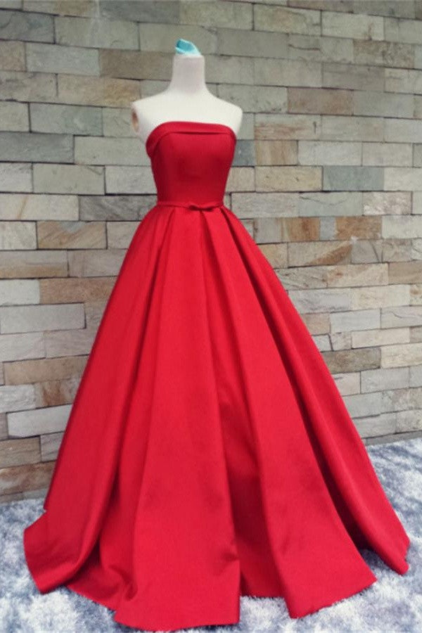 Modest Light Red Strapless Long Beautiful Handmade Satin Prom Dress K174
