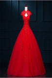 Red Modest Lace Long Puffy Short Sleeves Wedding Dresses W20