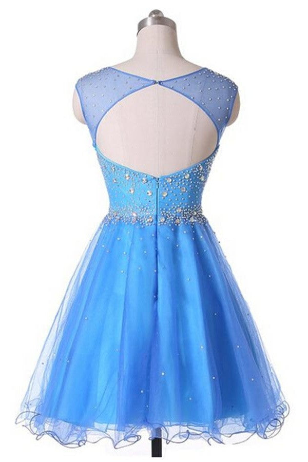 Sparkly Cap Sleeves Beaded Short Blue Open Back Homecoming Dress K225