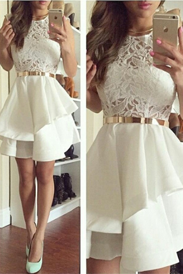Ivory Lace Beautiful Short Homecoming Dress With Gold Belt K260