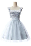 Cute Short Girly Silver Homecoming Dress With Straps K289