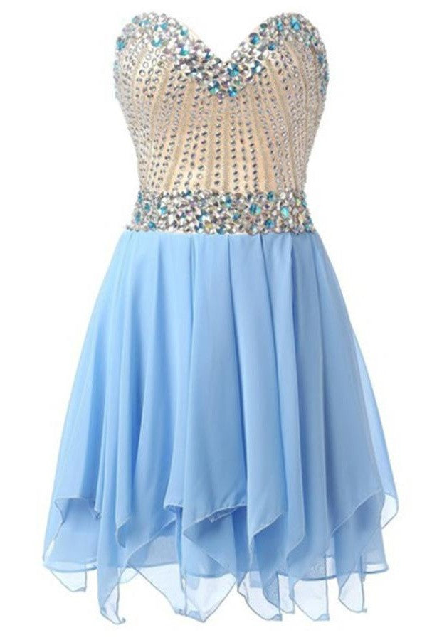Pretty Light Blue Short Handmade Chiffon Beading Cute Homecoming Dress K299