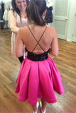 Hot Pink Open Back Short Beading Lace Homecoming Dress K393