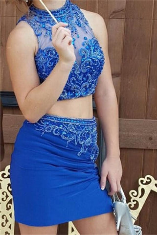 Sparkly Mermaid Royal Blue Beaded Two Pieces Short Sheath Homecoming Dress K407