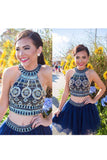 Cute Two Pieces Halter Royal Blue Tulle Beading Homecoming Dress K46