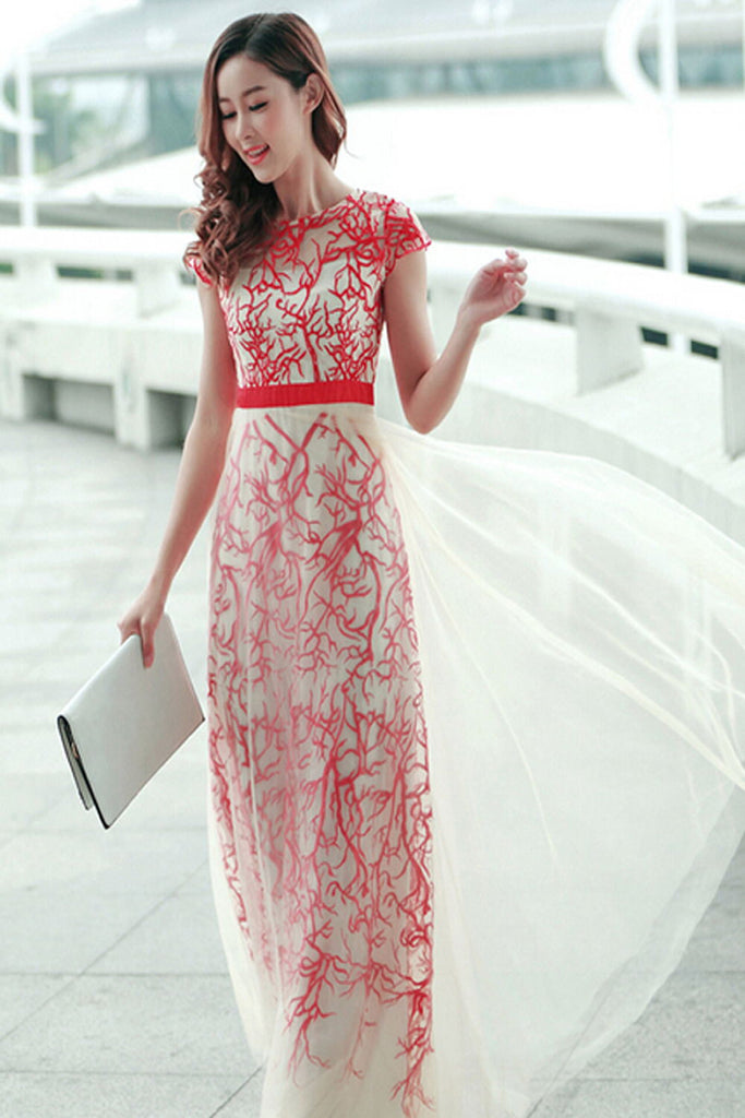 Real Pretty Long Elegant High Low Short Sleeves Simple Prom Dress K53