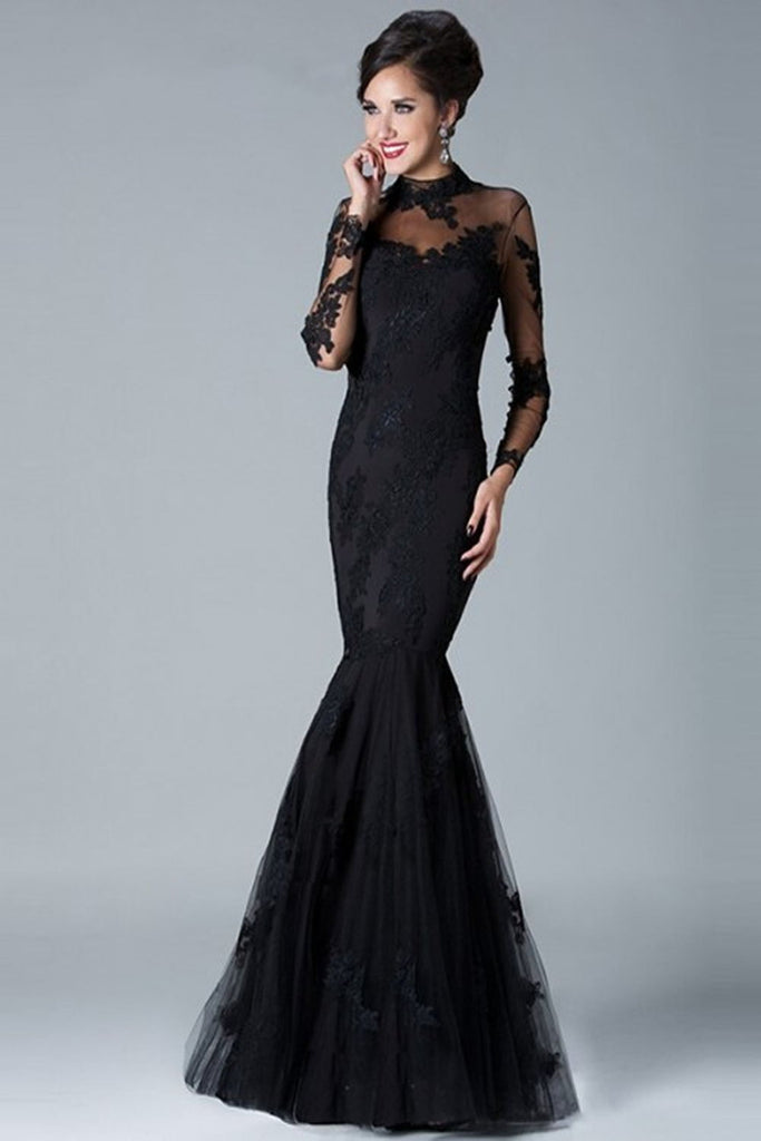 Charming Long Sleeves High Neck Black Lace Mermaid Prom Dress K78