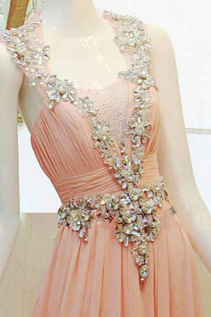 Pink High Low Backless Beading Long Chiffon Prom Dresses K89
