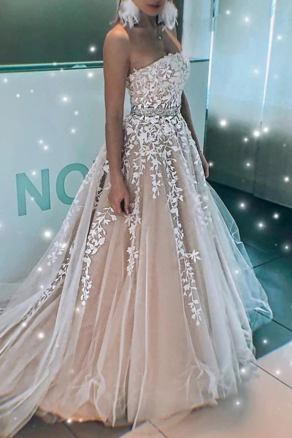 Fashion A-line Strapless Lace Appliques Beaded Formal Prom Dress Evening Grad Dress OKU57