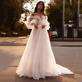 Off The Shoulder A Line Tulle Beach Wedding Dresses Sweetheart Puffy Sleeves Corset Princess Wedding Gown OKW15