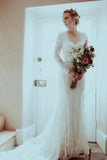 Lace Mermaid Long Sleeves Sweep Train Wedding Dresses, Chic Bridal Gowns OK1768