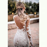 Mermaid Lace Appliques Long Sleeve Bridal Wedding Gown Illusion Bottom Wedding Dresses OKV29