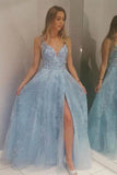 Spaghetti Straps Light Blue Lace Appliques Prom Dress with Slit OKZ1