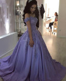 Lavender Ball Gown Off the Shoulder Lace Appliques Prom Dress OKJ66