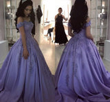 Lavender Ball Gown Off the Shoulder Lace Appliques Prom Dress OKJ66