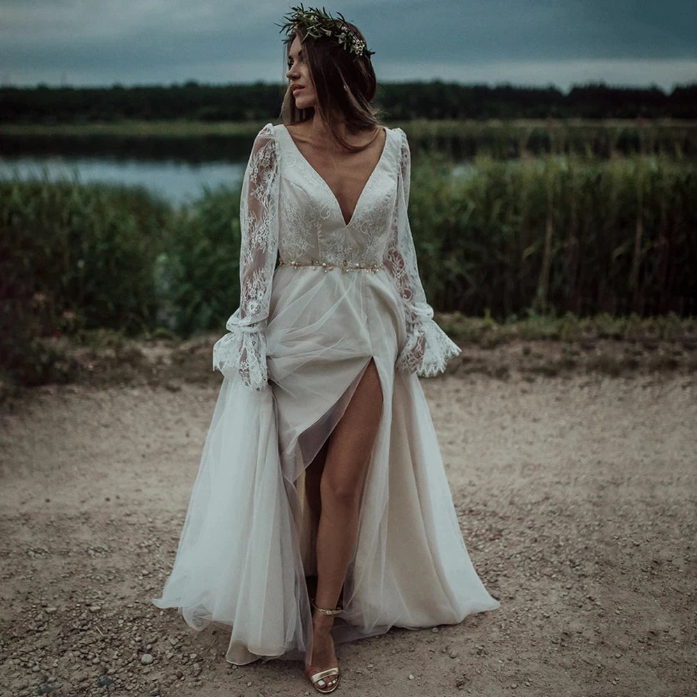 Long Sleeves V Neck Beach Wedding Dress Boho High Slit Backless Bridal Gowns OKY95