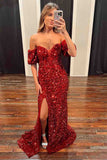 Mermaid Long Red Puff Sleeves Prom Dress Sparkly Sequined with Side Slit OK1957