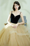 Black A Line Tulle Long Prom Dresses, Spaghetti Straps Evening Party Dresses OK1921