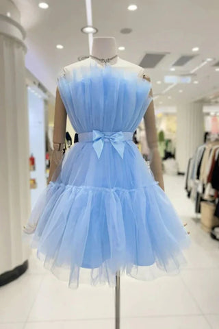 Lovely A Line Short Blue/Burgundy Tulle Prom Homecoming Dresses with Bow OK1747