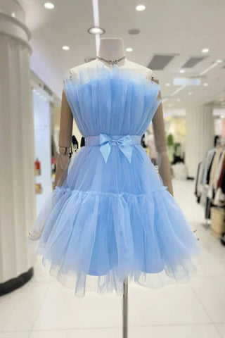Lovely Short Blue Tulle A Line Prom Homecoming Dresses with Bow OK1458
