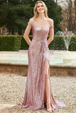 Elegant Sparkling Long Off the Shoulder Prom Dress With Slit Formal Evening Dress OKX75